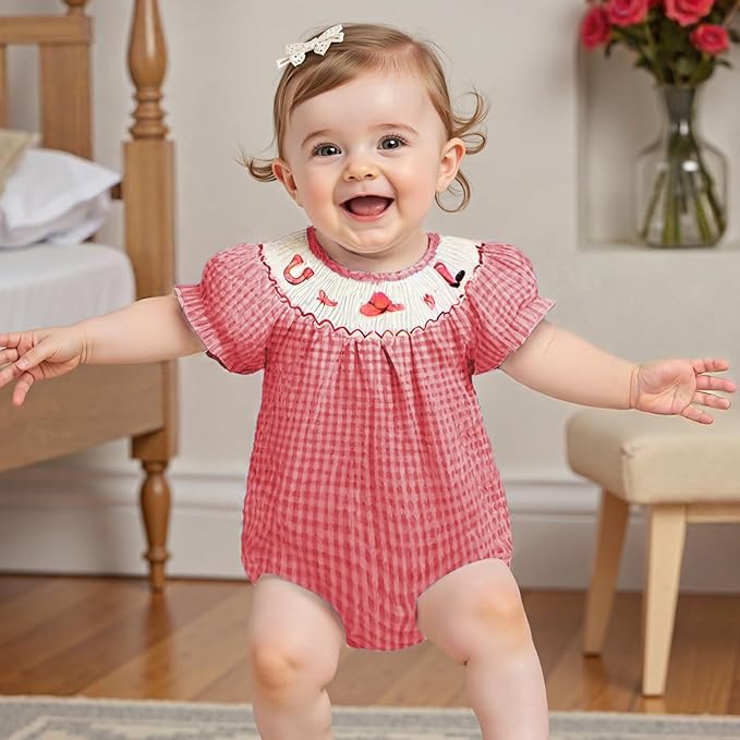 Baby Girl Smocked Western Romper Short Sleeve Bubble Rompers Summer Clothes Plaid Print Embroidery Bow Bodysuit Tops