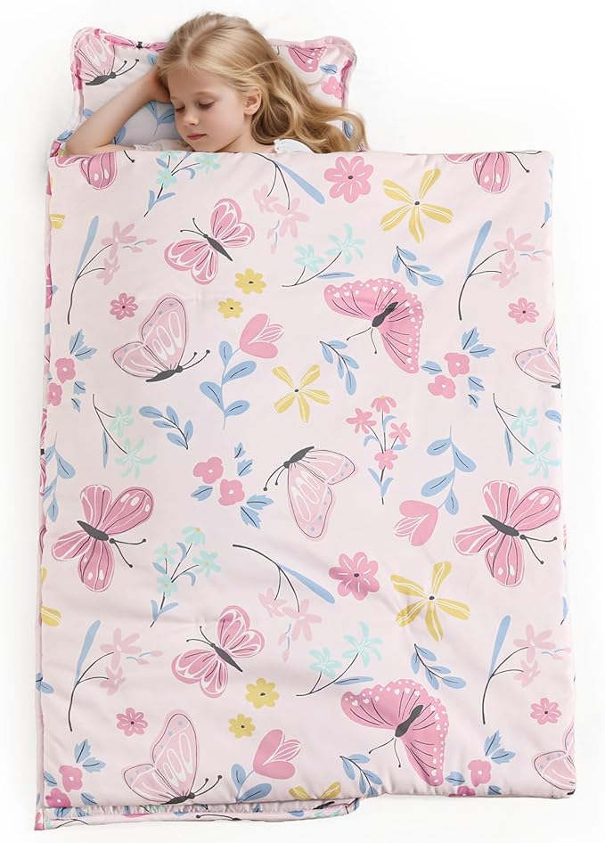 PHF Butterfly Toddler Nap Mat Set, with Removable Pillow for Toddler Girls, Soft and Lightweight for Daycare, Preschool, Travel, Kindergarten Sleeping Bag, Fits Ages 3-6 Years, Butterfly