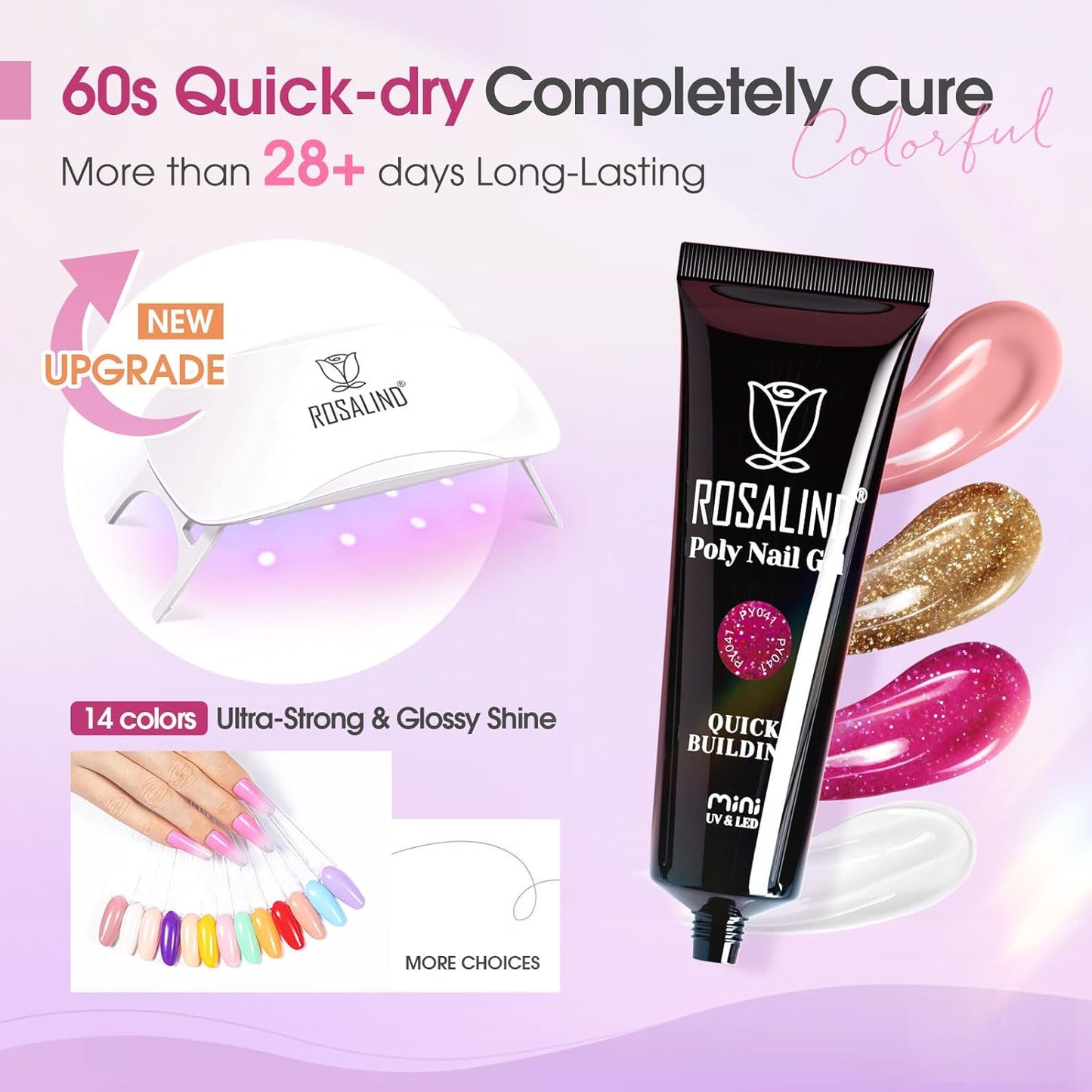 ROSALIND Poly Nail Gel Colors Kit -14 Colors +72 Nail Art Accessories kit Glitter Poly Nails Gel Kit Starter Kit with Mini UV Lamp Slip Solution Nude Pink Poly Nail Art for Beginners with Everything