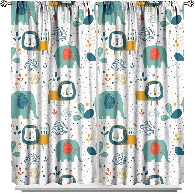 Cute Lions Blackout Curtains for Kids Bedroom,Cartoon Tropical Plants Birds Elephants Print Pattern Window Drapes,Funny Animal Thermal Insulation Curtain for Nursery Baby Room 63x72in