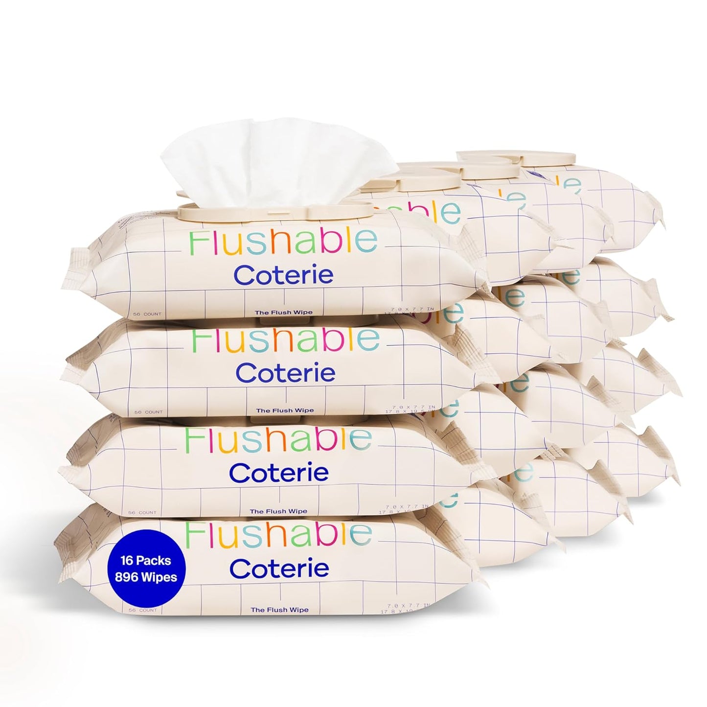 Coterie Flushable Wipes for Sensitive Skin, Hypoallergenic, 99% Water, Plant-Based Fibers, Sewer + Septic Safe to Flush, Fragrance Free Potty Training Toddler Toilet Wipes | 16 Packs (896 Count)