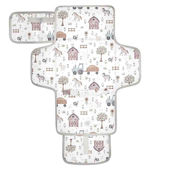 Portable Changing Pad for Baby - Cute Farm Animals Waterproof Diaper Changing Mat Travel Changing Pad with Built-in Pillow - Shower Gift for Baby