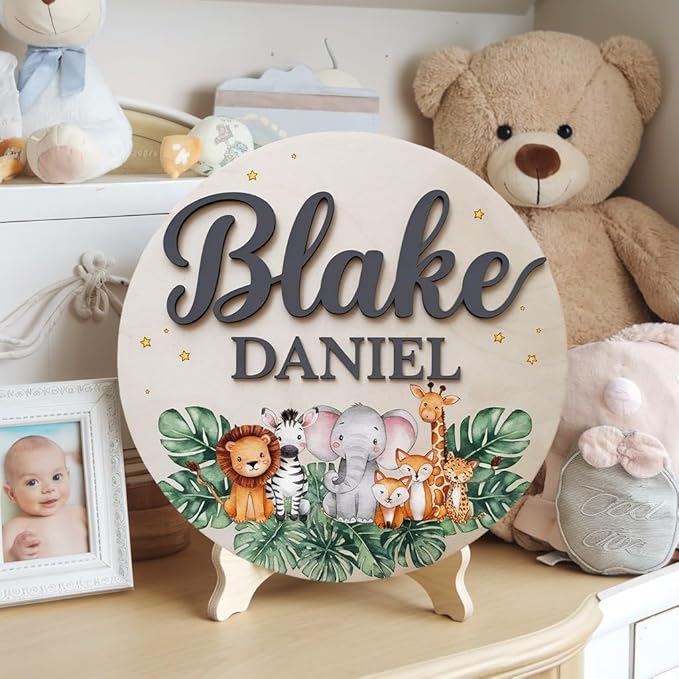 Personalized Name Sign for Nursery, Woodland Animals Sign for Baby Door Decor, Newborn Gifts for Boy, Boys Nursery Wall Bedroom Decorations, Mother's Day Gifts for New Mom Dad Gift