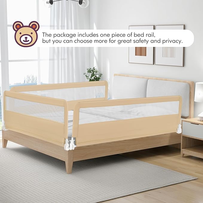 BABY JOY Bed Rails for Toddlers, 71'' Extra Long, Upgraded Swing Down Bed Guard w/Safety Strap, Folding Baby Bedrail for Kids Twin, Double, Full Size Queen & King Mattress (71-Inch, Beige)