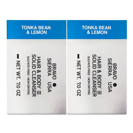Bravo Sierra Body and Hair Mens Soap Bar, 2-Pack - All-In-One Shampoo & Soap for Face, Hair & Body - Tonka Bean & Lemon, 7 oz - Coconut, Shea Butter & Oat Flour for Soft Skin & Healthy Hair
