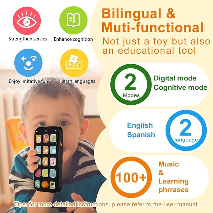 Bilingual Baby Phone with Sounds and Light, English/Spanish, Fun Early Learning Kids Smart Phone Toy for 6-12 Months, Gift for 1 Year Old Boys Girls Toddler Infant, Black