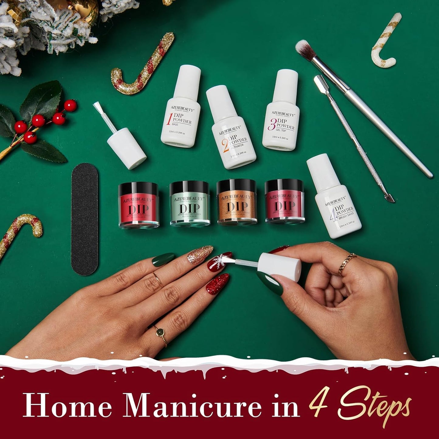 AZUREBEAUTY 31Pcs Dip Powder Nail Kit Red Green Glitter White 20 Colors Acrylic Dipping Powder Liquid Set with Top/Base Coat Activator for French Nails Art DIY Salon Christmas Gift