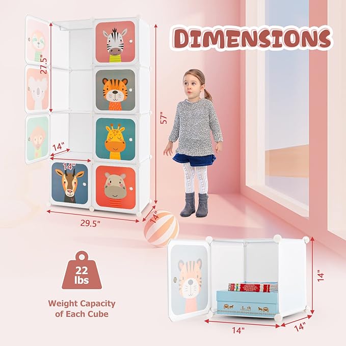 Costzon Kids Closet, Cartoon DIY Modular Dresser Storage Organizer with 8 Cubes & Clothes Hanging Rack, Portable Armoire for Baby Toddlers, Kids Wardrobe for Bedroom Nursery, White