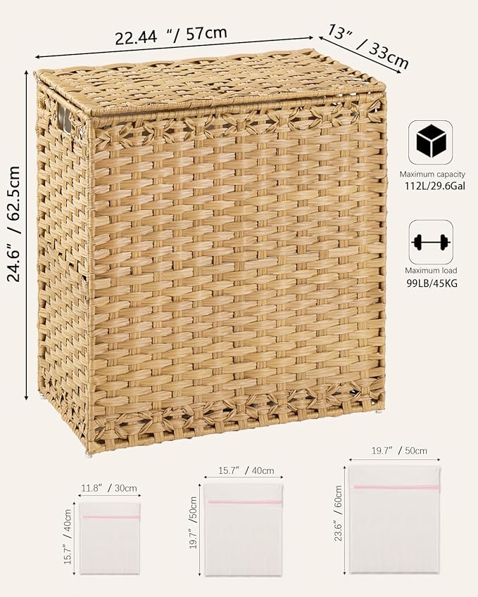 Laundry Hamper with Lid Wicker Laundry Basket 112 L (29.6 Gal) Laundry Hampers Handwoven Rattan Clothes Hamper with Handles 3 Removable Liner Bag, 6 Mesh Bags for Bathroom Bedroom Natural