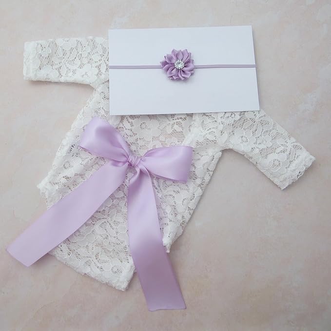 Newborn Girl Photography Outfits, Backless Lace Romper with Flower Headband Photo Props, Baby Girl Photoshoot Outfits