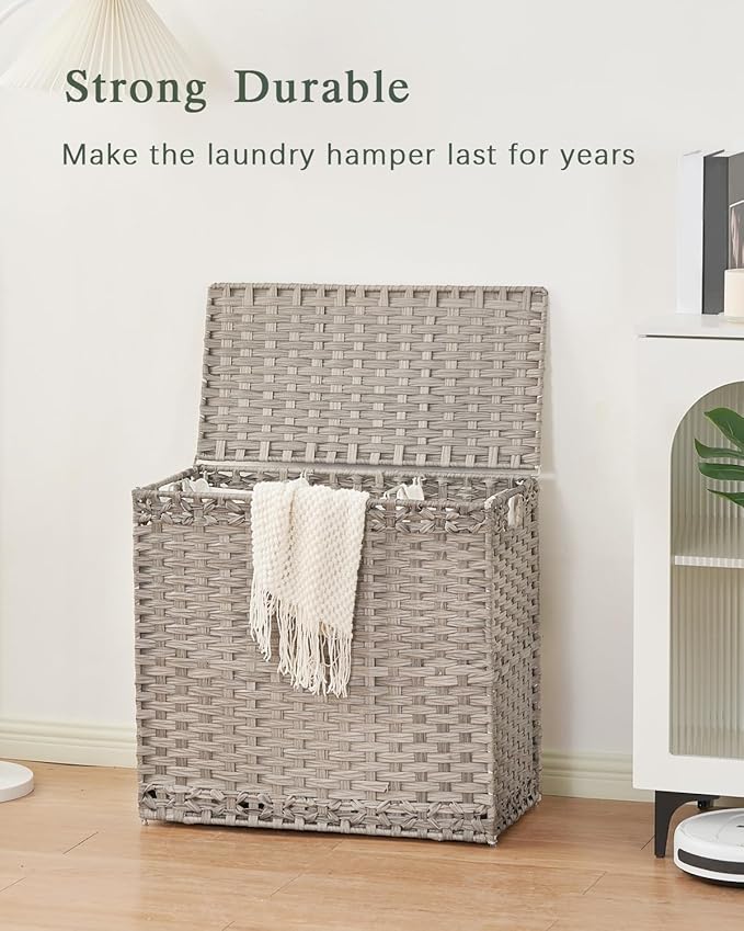 Laundry Hamper with Lid Laundry Basket 132 L (35 Gal) Wicker Clothes Hamper, Handwoven Rattan Hamper with Handles and 4 Removable Liner Bags, 6 Mesh Bags for Laundry Bedroom Gray