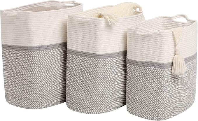 Tall Laundry Basket With Handles,Woven Cotton Rope Big Laundry Hamper Sorters,Versatile Storage for Dirty Clothes,Baby Toys,and Blankets in Bathroom, Nursery,and Living Room (White/Gray, 50L)
