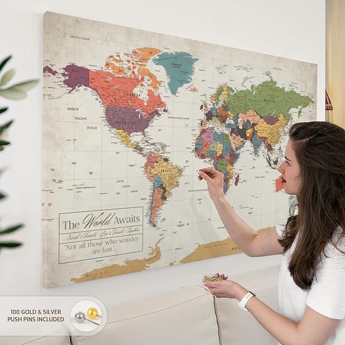 ElephantStock - Personalized World Awaits II Push Pin World Map Wall Art - Horizontal Canvas Wall Art - Living Room Wall Decor - Digital Art Map Canvas Art - Green And Beige Decor - 51" x 34"