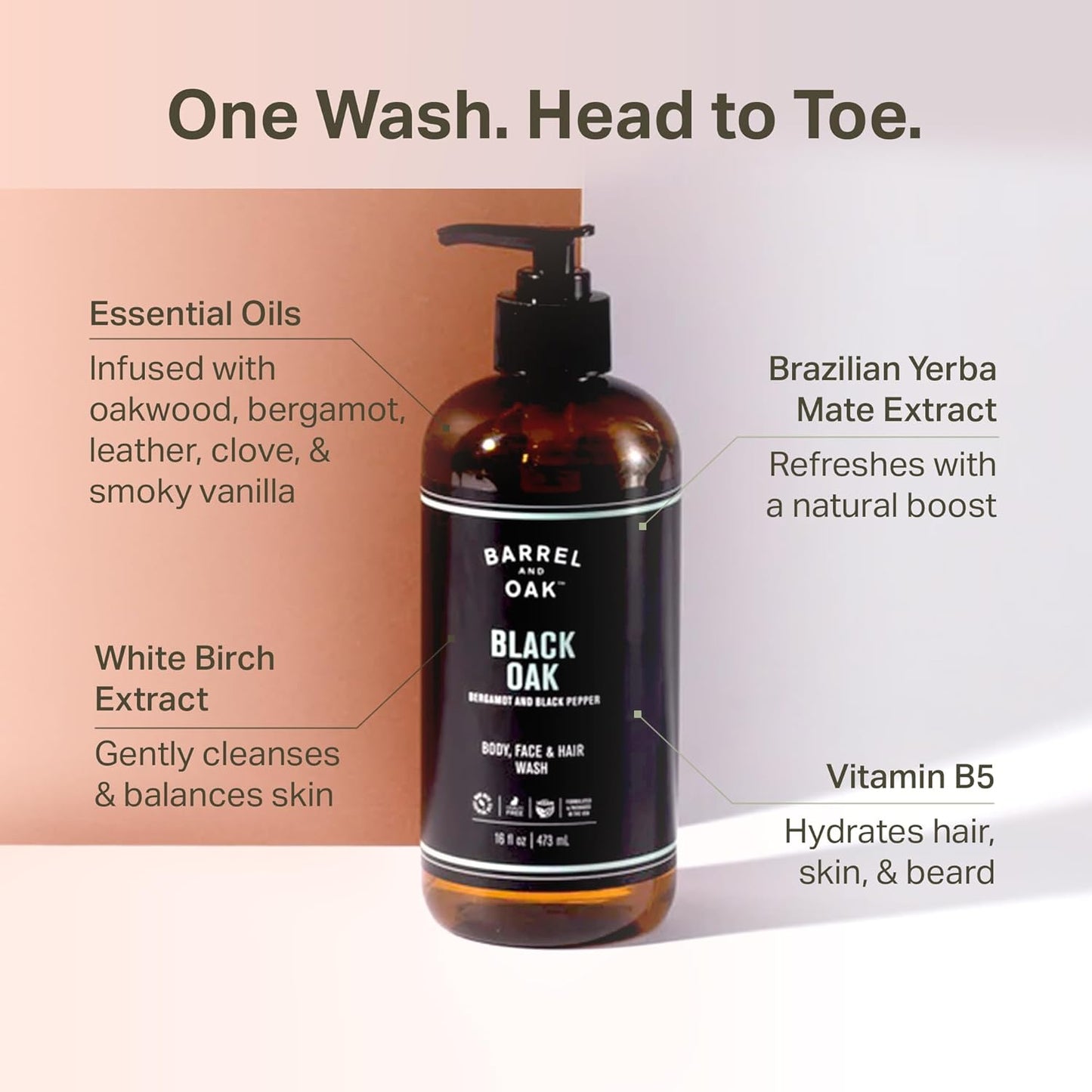 Barrel & Oak All-in-One Wash for Face, Hair, & Body, Vegan & Hydrating Face, Shampoo and Body Wash for Men, Grooming Kit Gifts for Men, Black Oak, 16 oz