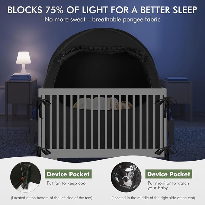 Crib Blackout Tent for Pack N Play, Pop Up Travel Crib Blackout Cover Canopy, Breathable Baby Sleep Pod with Safe Bottom Design, Blocks 70% Light