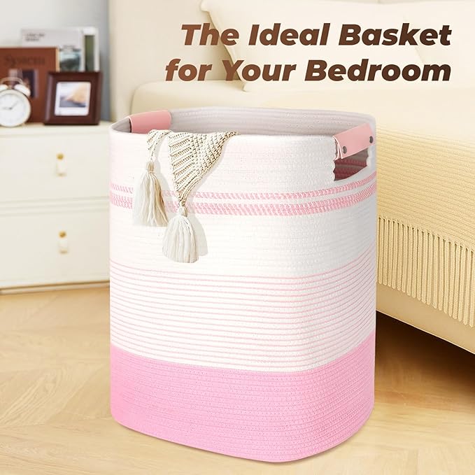 Laundry Basket with Handles - Blanket Basket & Hampers for Bedroom Aesthetic, Laundry Hamper & Blanket Storage for Living Room, Clothes Hamper, Tall, Large 17" x 14" x 22”, Pink & White