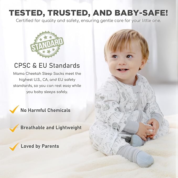 Mama Cheetah Toddler Sleep Sack with Feet, Long Sleeve 0.5 TOG Organic Cotton Baby Sleeping Bag with Legs, Wearable Blanket for Walkers w/ 2-Way Zipper, Toddler Blanket for Girls & Boys 3-4T