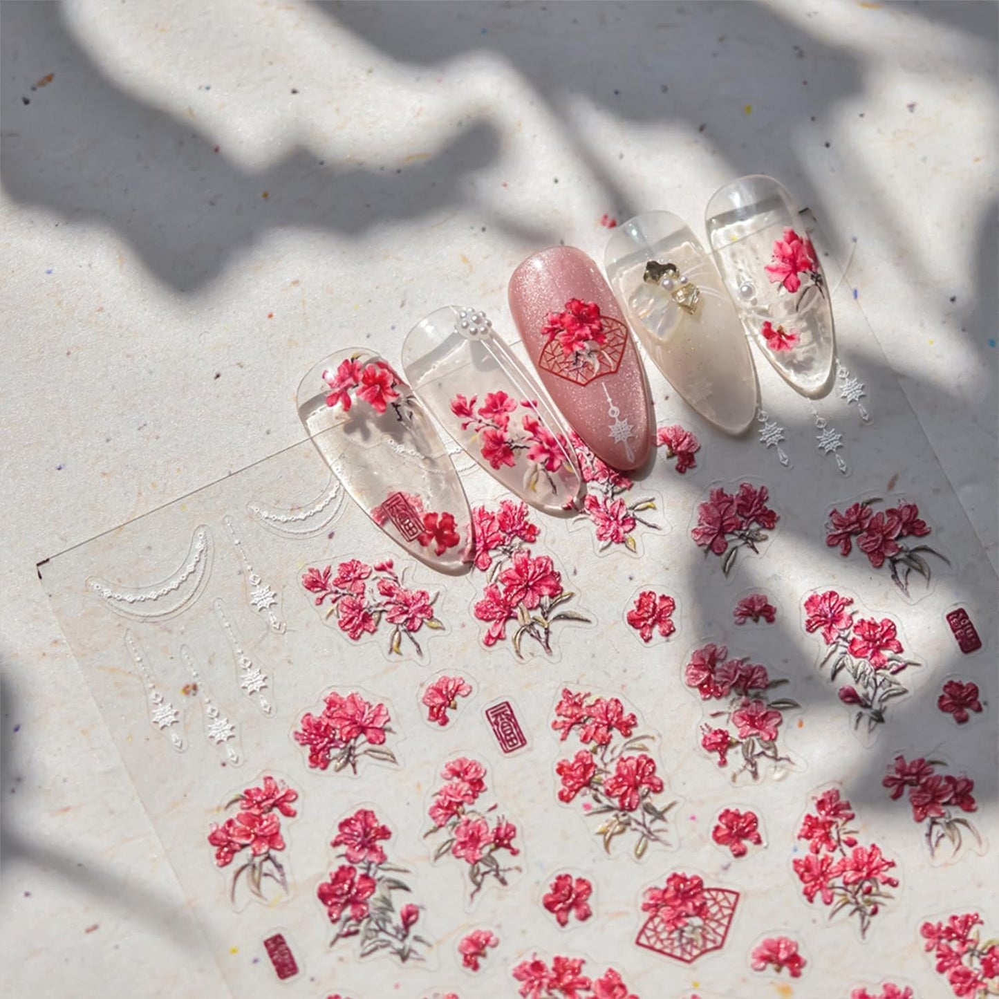 Spring Summer Nail Art Stickers 5D Self Adhesive Nail Decals Red Flower Nail Stickers for Nail Art Embossed Nails Design Floral Nails Supplies for DIY Manicure Decoration for Women Girls