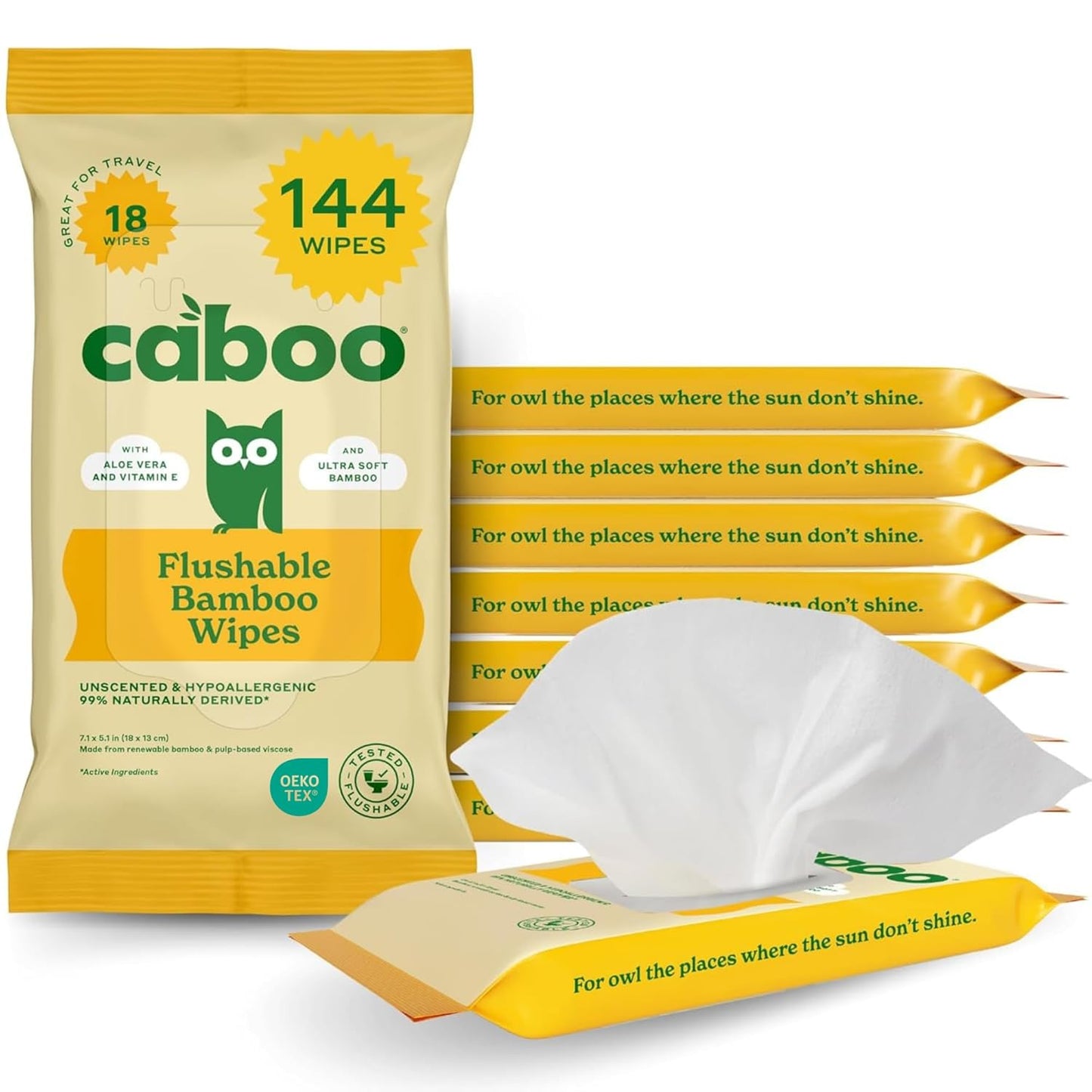 Caboo Tree Free Flushable Wipes, Travel Wipe, Certified Flushable, Septic Safe, Biodegradable Wipe for Adults, Pack of 8, Total of 144 Travel Toilet Wipes