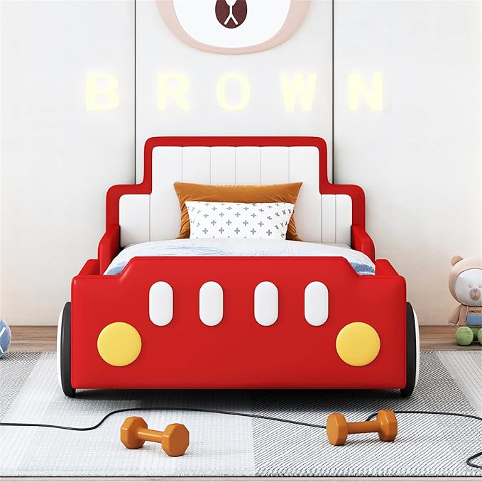Merax Twin Bed Frames for Boys,Race Car Platform Bed with Wheels,Soft PU Leather Headboard and Footboard,Kids Car Bed Twin Size No Box Spring Needed