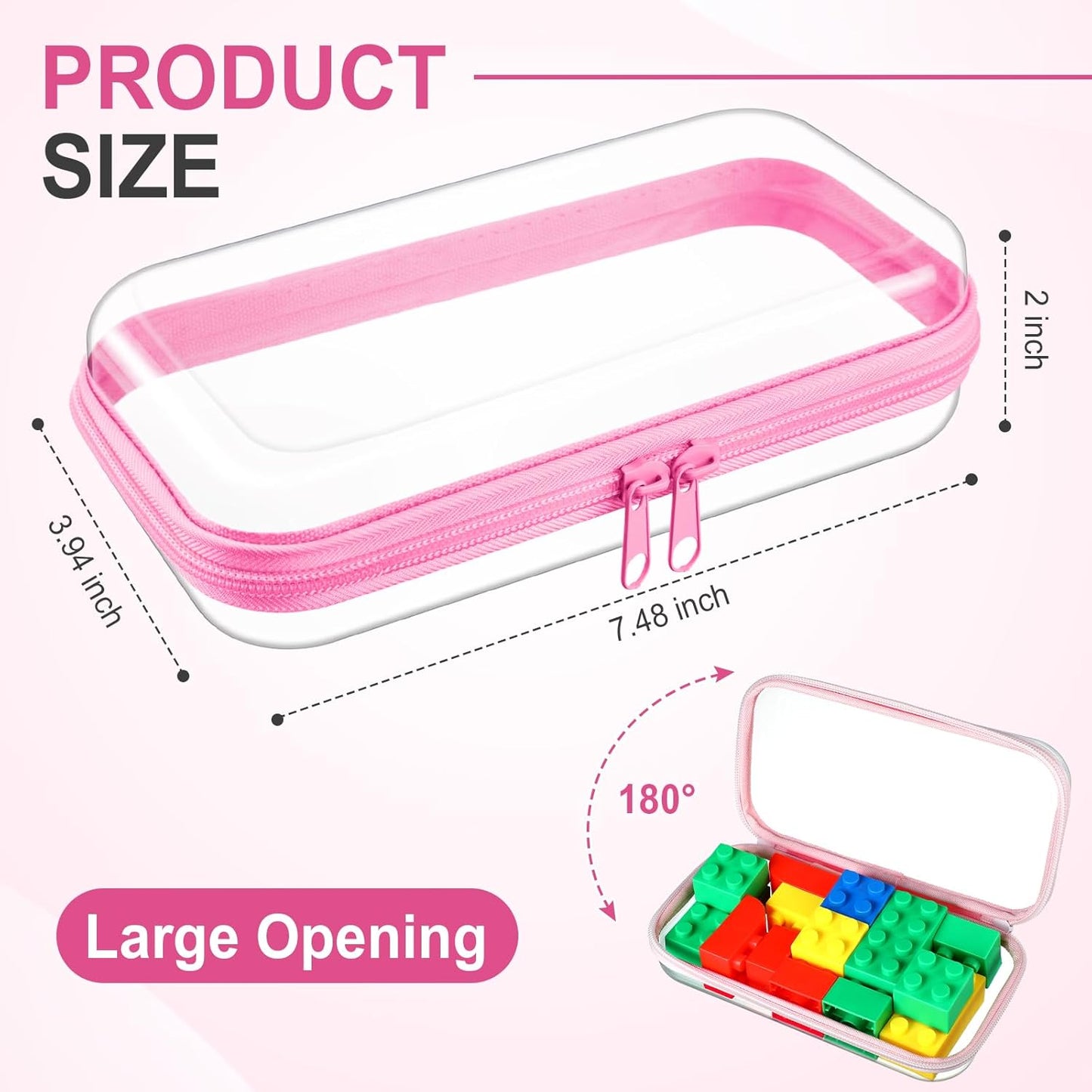 Hoolerry 4 Pcs Hard Clear Zipper Case Makeup Bags Plastic Pencil Pouch Transparent Storage Box Containers for Cosmetics, Snacks, Building Blocks, Puzzles(Pink,7.5 x 3.9 x 2 in)