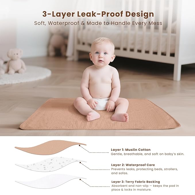Konssy 2 Pack Waterproof Muslin Cotton Portable Changing Pad 30"x 17", Soft & Foldable Baby Changing Mat Travel Pad with Terry Backing, Shower Gift for Newborn Girls Boys (Toffee,Flourish)