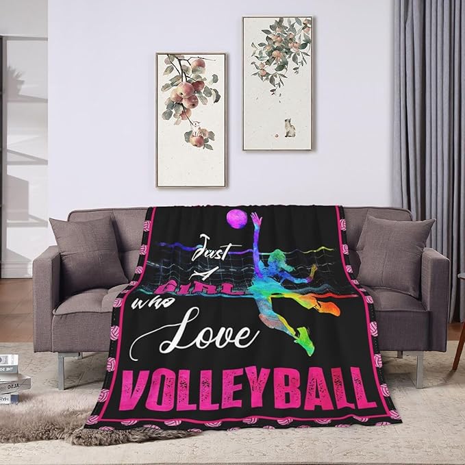 Volleyball Blanket Just A Girl Who Loves Volleyball Throw Blanket Super Soft Flannel Lightweight Fluffy Plush Fuzzy Fleece Sports Decor Blanket Gifts for Girl Woman Kids for Bed Sofa Bedding 50"X60"
