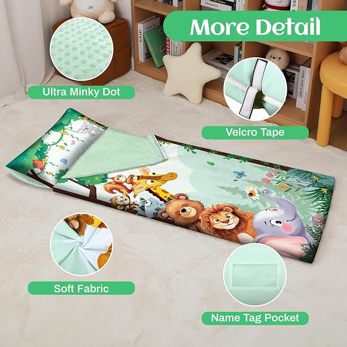Toddler Nap Mat Kids Sleeping Bag 59‘’×24‘’, Soft Slumber Bag with Removable Pillow for Kids Girls Boys,Roll Up Sleeping Mat Lightweight for Camping,Daycare, Kindergarden