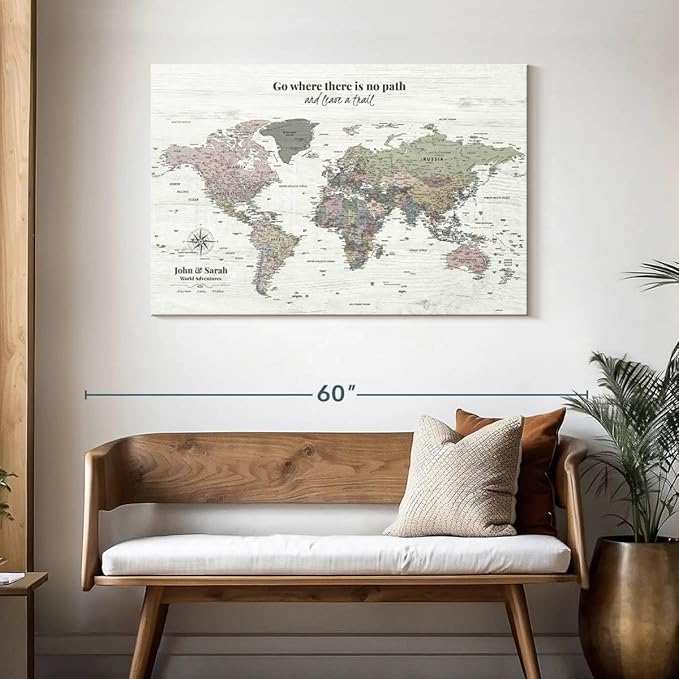 ElephantStock - Personalized Leave A Trail Iii Push Pin World Map Wall Art - Horizontal Canvas Wall Art - Living Room Wall Decor - Digital Art Map Canvas Art - White And Gray Decor - 45" x 30"