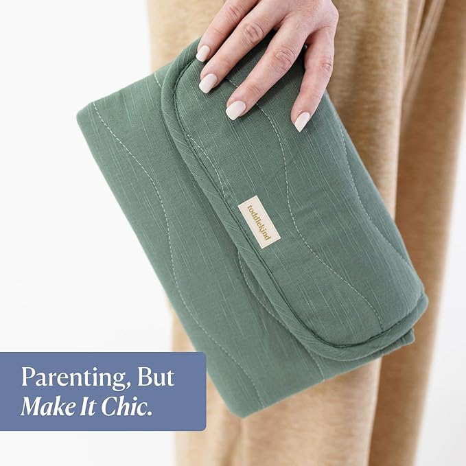 Toddlekind Mini Maven Portable Changing Pad – Organic Cotton & Water-Resistant Polyester – Travel-Friendly, Foldable Change Mat – Forest Green Stripes with Wave Stitching – Chic, Durable, Easy Clean