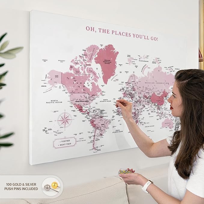 ElephantStock - Places You'll Go Push Pin World Map Wall Art - Horizontal Canvas Wall Art - Living Room Wall Decor - Digital Art Map Canvas Art - White And Pink Decor - 45" x 30"