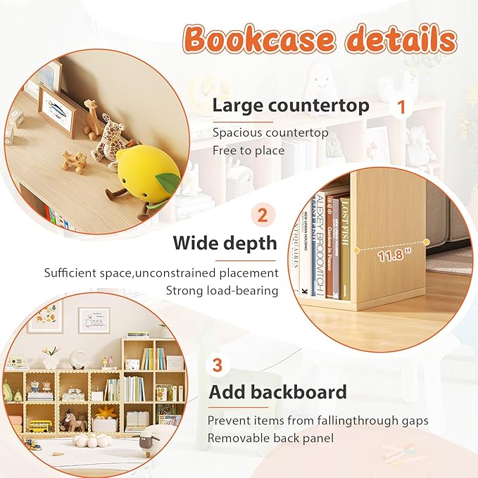 10 Cube Storage Organizer, Cubby Storage Organizer, Cube Shelf with Back Plate, Wooden Kids Bookcase for Toy, Solid Wood Cube Storage for Living Room/Bedroom/Hallway/School, Easy to Install