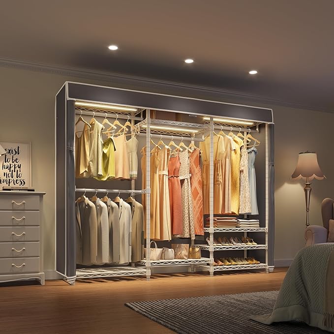 VIPEK V5LC Garment Rack Heavy Duty Covered Clothes Rack with Dimmable LED Lights, 3000K Warm White, Portable Closet Wardrobe Freestanding Clothing Racks for Hanging Clothes, White Rack with Grey Cover