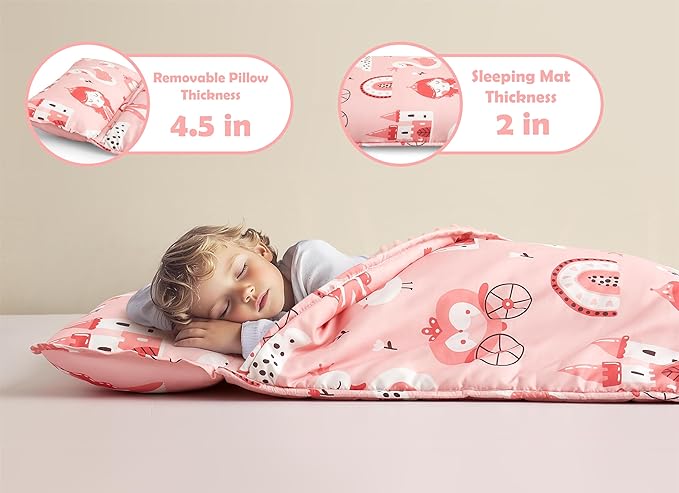 Toddler Nap Mat with Removable Pillow & Minky Blanket Sleeping Bag for Kids Handle & Fastening Nap Mats for Preschool Daycare Kindergarten Kids Sleeping Bag (Ages 2-7 Years) Blue Dinosaur