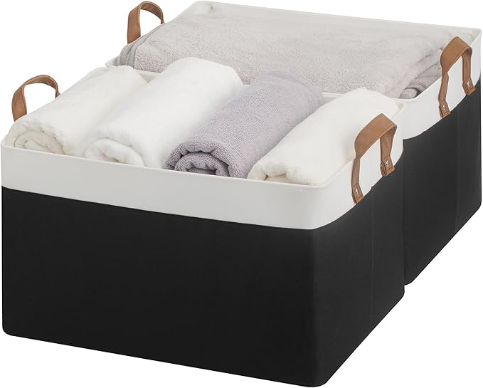 StorageWorks Storage Bins, Fabric Storage Bins for Shelves, Extra Large Storage Baskets with Metal Frame, Closet Baskets and Bins with Handles, Jumbo, Black and White, 2-Pack