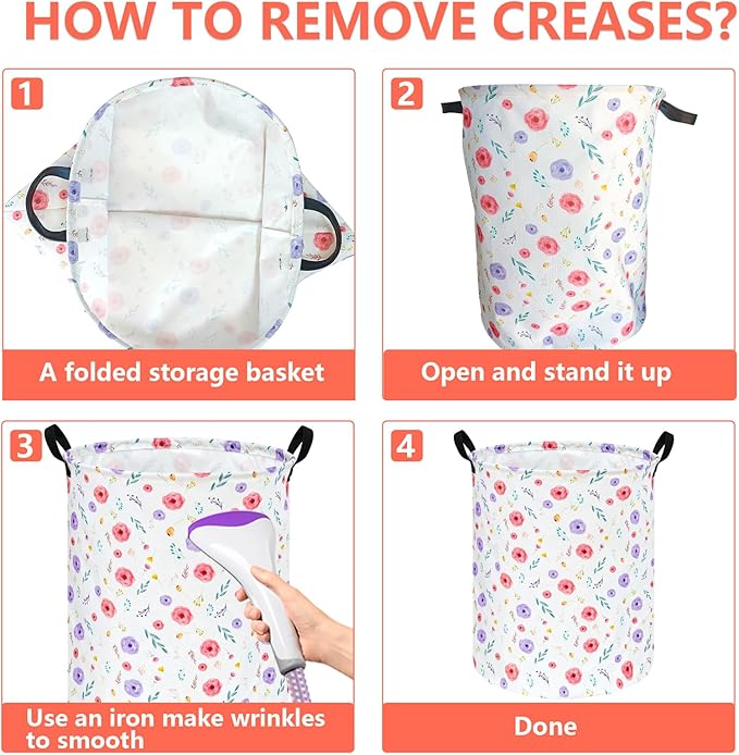 KUNRO Spring Flower Laundry Gift Basket Storage Hamper, Kids Toys and Clothes Storage Organizer Bins, Toy Shelf Basket with Handles for Room Decor