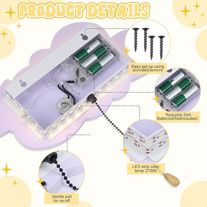 Cloud Night Light Wall Lamp Sleeping Nursery Lighting Cute Floating Battery Operated Hanging Lamp for Baby Boys Girls Bedroom Room Nursery Wall Decorations