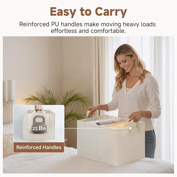 StorageWorks Storage Bins, Shelves Baskets for Organizing, 45L Extra Large Fabric Closet Organizers with Handles, Metal Frame, Beige（Cotton-linen）, 2-Pack