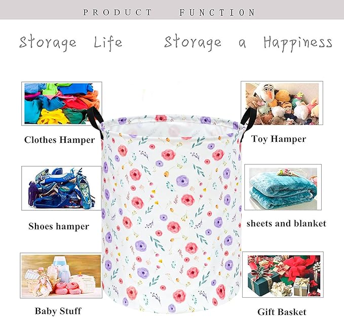 KUNRO Spring Flower Laundry Gift Basket Storage Hamper, Kids Toys and Clothes Storage Organizer Bins, Toy Shelf Basket with Handles for Room Decor