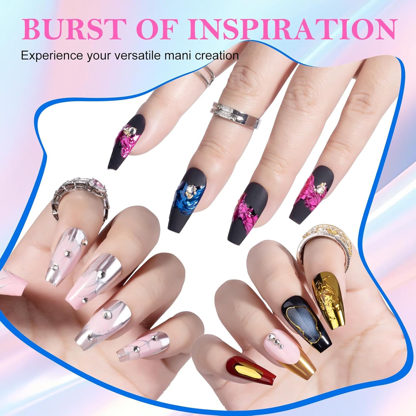 NXJ INFILILA Gold Silver Chrome Nail Powder, 4 Classic Colors Mirror Effect - Gold, Silver, Pink, Blue, Metallic Magnetic Glitter Polish Powder Pallete for Gel Nails, DIY Manicure Art Supplies Kit