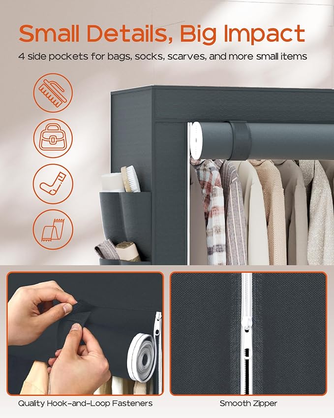 Clothes Rack, Portable Closet, 81.5 Inch Large Capacity Wardrobe Closet, Clothes Storage Organizer with Shelves and 5 Hanging Rods, Easy to Assembly, Grey PCT136G01