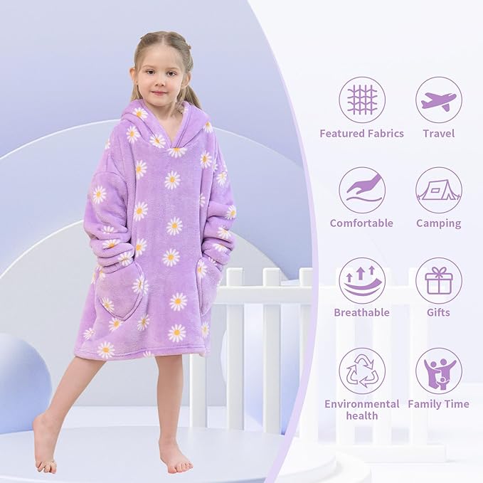 Fiosnow Daisy Flower Blanket Hoodies for Kids Toddler 2-6YR Oversize Wearable Blanket Hoodies for Boys Girls Teens