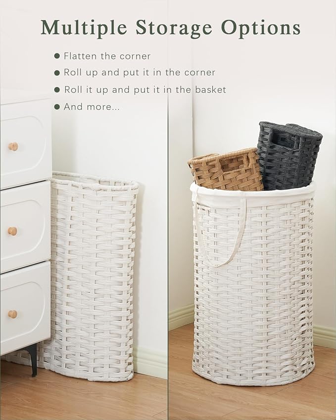 Laundry Basket with Lid Round Rattan Laundry Hamper with Lid and Handles 29.1 Gal (110 L) Handwoven Woven Basket with Removable Bags and 2 Mesh Bags for Bathroom Living Room White