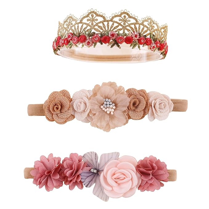 cherrboll 3pcs Baby Girl Headbands Flowers, Super Soft & Stretchy Nylon Floral Hairbands for Newborn Toddler