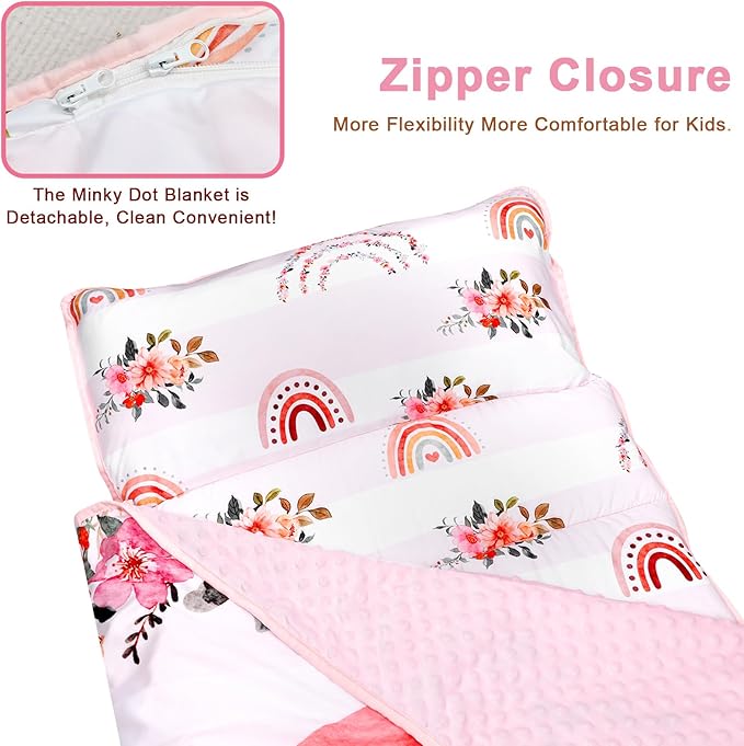 Toddler Nap Mat with Removable Pillow and Soft Dot Minky Blanket Pea Pod Kids Rainbow Floral Napping Mats Extra Large Rolled Slumber Bags for Girls Preschool, Daycare, 22.9 x 51.2inches Ages 3-7 Years
