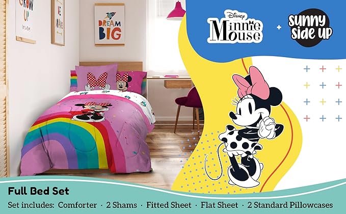 Sunny Side Up Disney Minnie Mouse Full Comforter Set - 7 Piece Kids Bedding Includes Comforter, Sheets & Pillow Cover - Super Soft Rainbow Dots Microfiber Bed Set