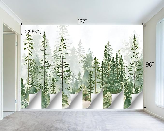 Boys or Girls Cartoon Pine Tree Forest wallpeper Nursery Kids Bedroom Wall Mural - 137"x96"（Not Peel and Stick）