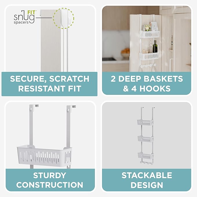Zenna Home SnugFit Over the Door Caddy Organizer with 2 Storage Baskets and 4 Hooks, Over Door Hanging Organizer for Bathroom, Kitchen, Bedroom, Closet, Easy to Install, No Drilling, White