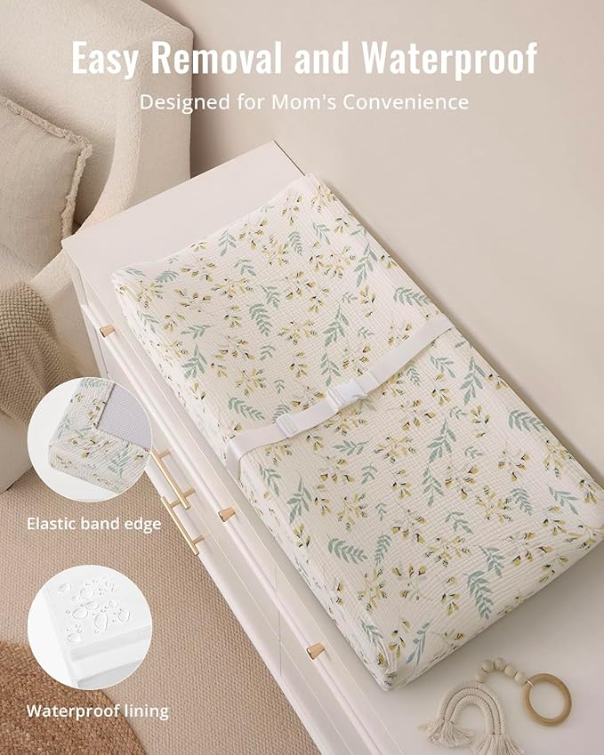 Blissful Diary Muslin Baby Changing Pad with Waterproof Lining Foam, Diaper Changing Table Pad with Cover for Dressers (Botanical Leaf, Rectangular)