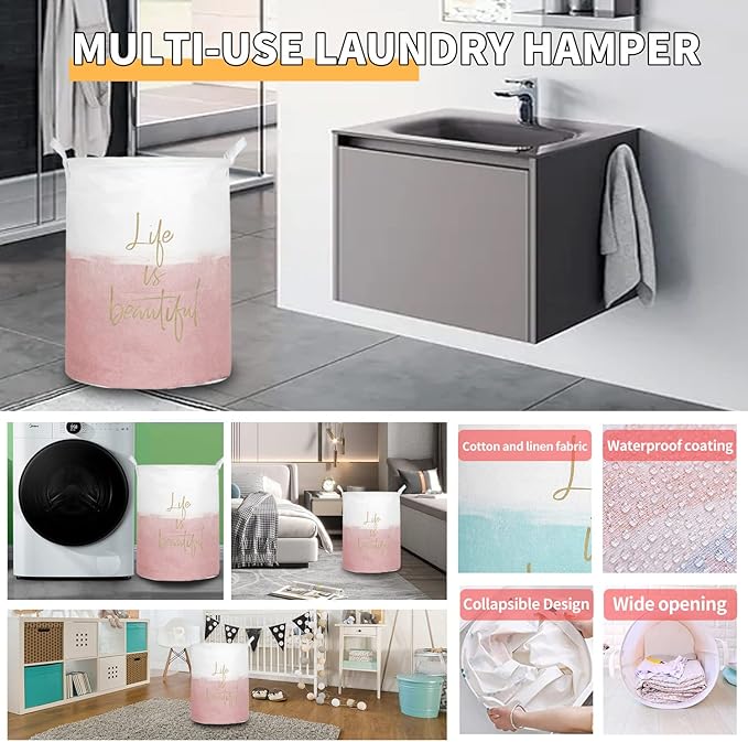 Merdes 19.7’’ Waterproof Foldable Laundry Hamper, Dirty Clothes Laundry Basket, Linen Bin Storage Organizer for Toy Collection (Life Pink)